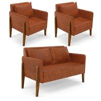 Kit 1 Sofá Namoradeira E 2 Poltronas Lana Corano Nozes Base De Madeira - D'Rossi - 1