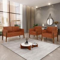 Kit 1 Sofá Namoradeira E 2 Poltronas Lana Corano Nozes Base De Madeira - D'Rossi - 8