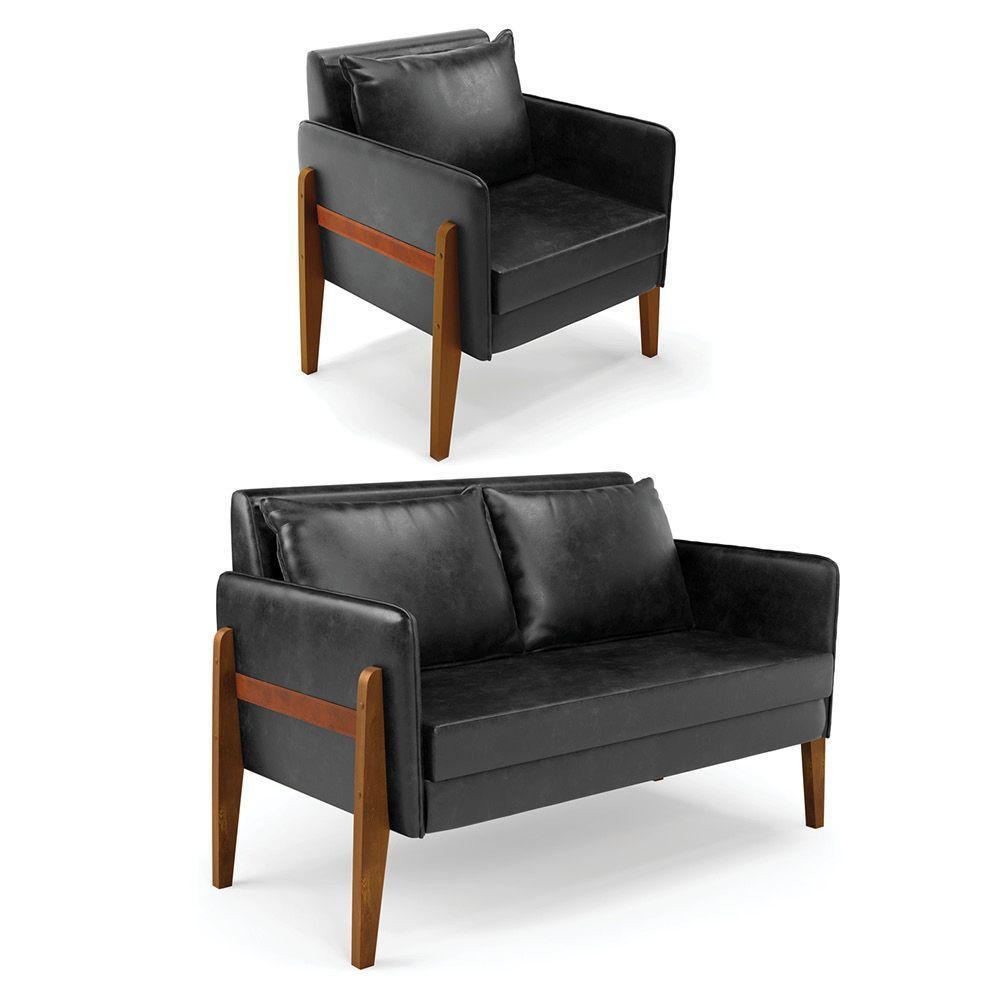 Kit 1 Sofá Namoradeira E 1 Poltrona Lana Corano Base De Madeira - D'Rossi Preto - 1