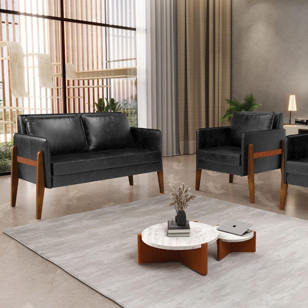 Kit 1 Sofá Namoradeira E 1 Poltrona Lana Corano Base De Madeira - D'Rossi Preto - 8