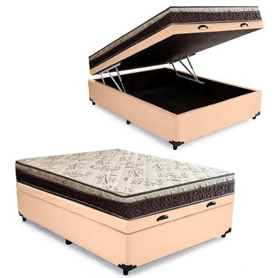 Cama Box Baú Casal Blindado Corino + Colchão Casal Espuma Extra Firme D33 Elegance Ortopédico 64x138x188 Bege