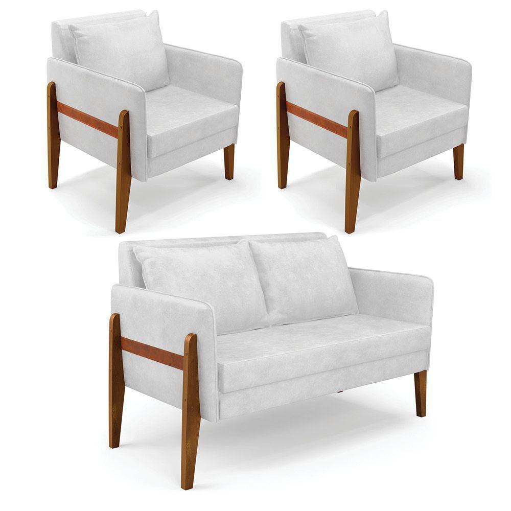 Kit 1 Sofá Namoradeira E 2 Poltronas Lana Corano Branco Base De Madeira - D'Rossi - 1