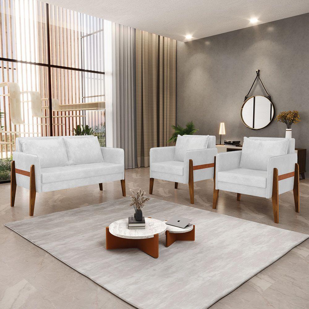 Kit 1 Sofá Namoradeira E 2 Poltronas Lana Corano Branco Base De Madeira - D'Rossi - 8