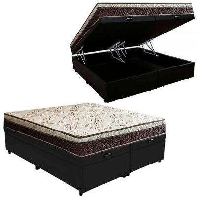 Cama Box Baú Bipartido Casal Blindado Suede + Colchão Casal Espuma Extra Firme D33 Elegance Ortopédico 72x138x188 Preto