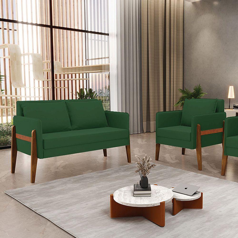 Kit 1 Sofá Namoradeira E 1 Poltrona Lana Veludo Verde Base De Madeira - D'rossi - 8