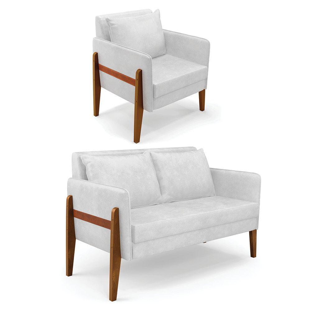 Kit 1 Sofá Namoradeira E 1 Poltrona Lana Corano Base De Madeira - D'Rossi Branco - 1