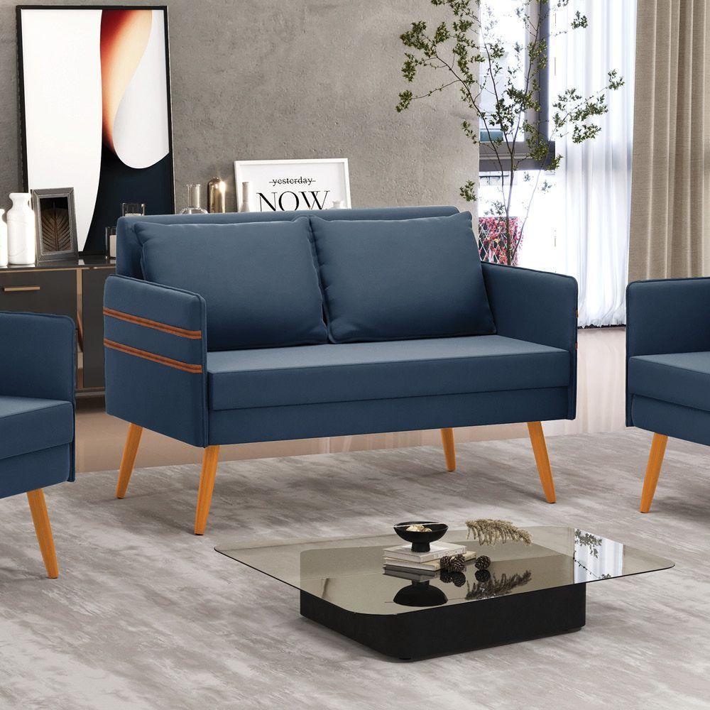 Namoradeira 02 Lugares Mari Suede Pés Palito Castanho - D'rossi Cor Azul Marinho - 8