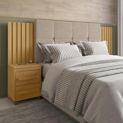 Cabeceira Suíça Extensível Ripado C/ 2 Mesas De Cabeceira Painel Estofado P/ Box - Cinamomo/pena