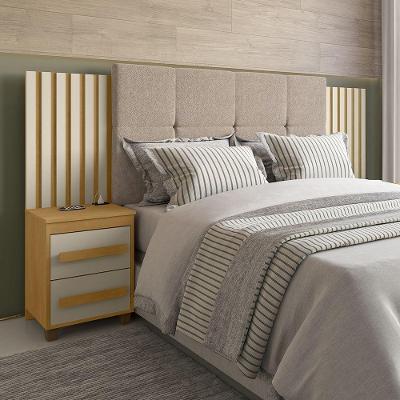 Cabeceira Suíça Extensível Ripado C/ 2 Mesas De Cabeceira Painel Estofado - Cinamomo/off-white