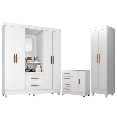 Guarda Roupa Casal Capela Com Cômoda 4 Gavetas 2 Porta E Armário Multiuso Lite Branco Brilho - Móveis Leão