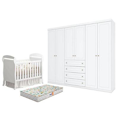 Berço Americano Danny Branco Acetinado Reller E Guarda Roupa Casal Americano 6 Portas Branco Hp E Colchão Gazin - Henn.
