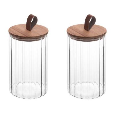 Conjunto 02 Potes De Vidro Canelado Com Tampa Hermética De Acácia 880ml Wolff