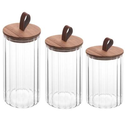 Conjunto De 3 Potes De Vidro Canelado Com Tampa Hermética De Acácia Wolff
