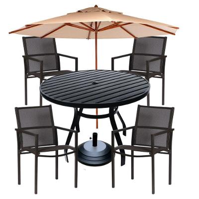 Conjunto De Mesa Ripada 1,20m + 4 Cadeiras Para Piscina Jardim Resistente Sol Chuva Maresia Preto