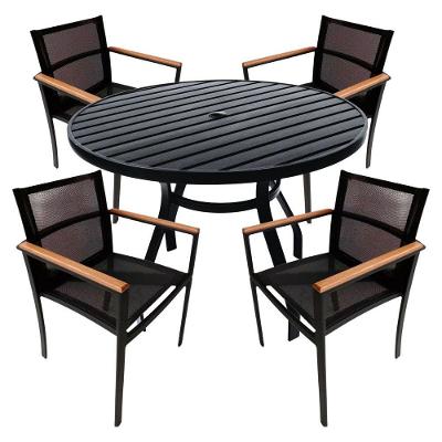 4 Cadeiras Alumínio E Mesa 1,20m Tampo Ripado área Jardim Piscina Jantar Preto