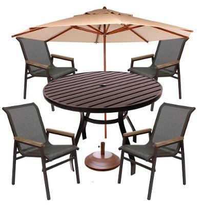 Kit 4 Cadeiras Alumínio + 1 Mesa Ripada ø120cm Com Guarda Sol Piscina Jardim Marrom