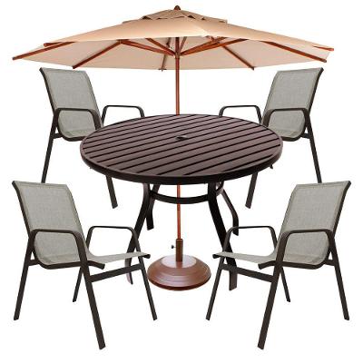 Conjunto De Mesa ø120 Alumínio Piscina Jardim + Guarda Sol - Nossakasa Capuccino
