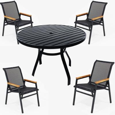 Mesa 1,00m Ripado Alumínio + 4 Cadeiras Praia Tela Sling área Externa Piscina Jardim Preto