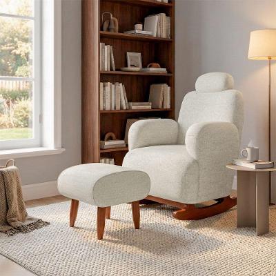 Poltrona De Amamentação Aurora Com Puff Balanço Madeira Maciça Tecido Chenille Francês Off White