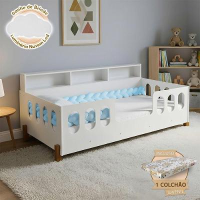 Cama Infantil Em Mdf Nina Com Colchão Incluso + Enxoval Completo Trança Azul Acompanha Nuvem Led