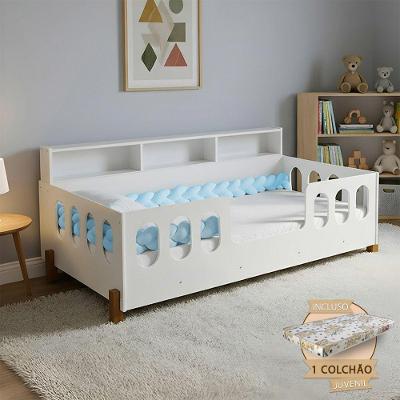 Cama Montessoriana Completa Nina Com Colchão + Enxoval E Trança Azul 2,5m