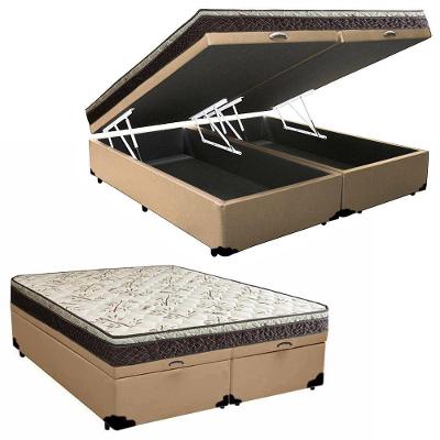 Cama Box Baú Queen Sintético Bipartido + Colchão Elegance Ortopédico Espuma D33 63x158x198 bege