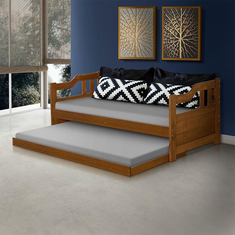 Sofa Cama Solteiro Madeira Com Cama Auxiliar Atraente Castanho - Cor: Marrom - 1