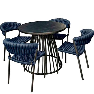 4 Cadeiras Laguna Alumínio Tricô Náutico Mesa Tampo Ripado Azul Marinho