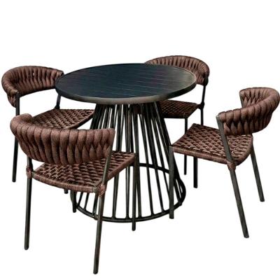 4 Cadeiras Laguna Alumínio Tricô Náutico Mesa Tampo Ripado Marrom