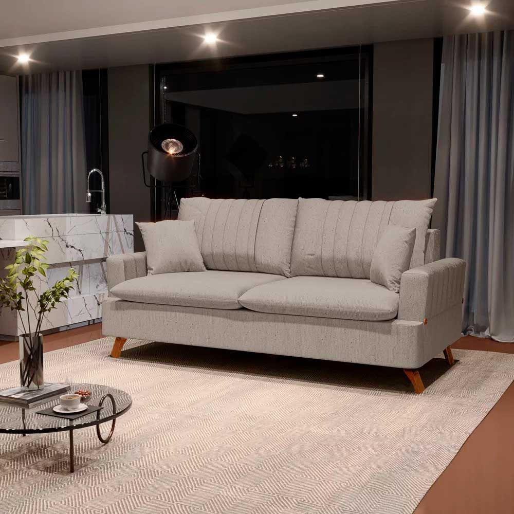 Sofá 160Cm 2 Lugares Com Almofadas Pés Curvos Veras Linho D05 Bege - Mpozenato - 7