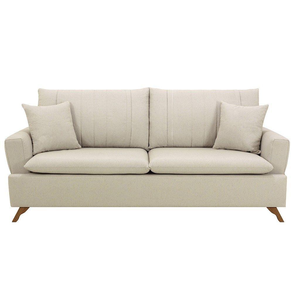 Sofá 180Cm 3 Lugares Com Almofadas Pés Curvos Veras Linho D05 Cru - Mpozenato - 1