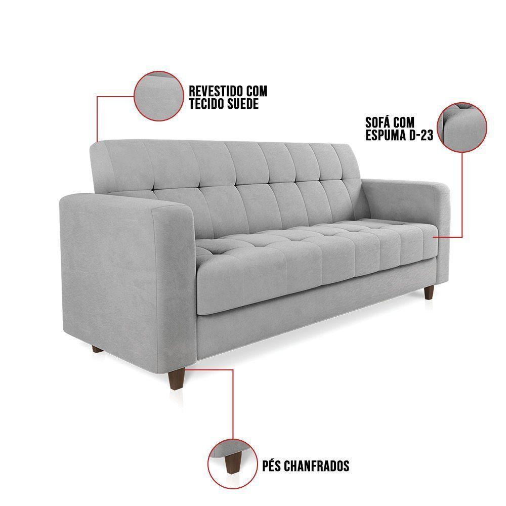 Sofá 03 Lugares Arezzo Suede Pés Chanfrado Marrom - D'rossi Cor Cinza - 4