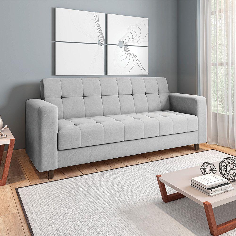 Sofá 03 Lugares Arezzo Suede Pés Chanfrado Marrom - D'rossi Cor Cinza - 8