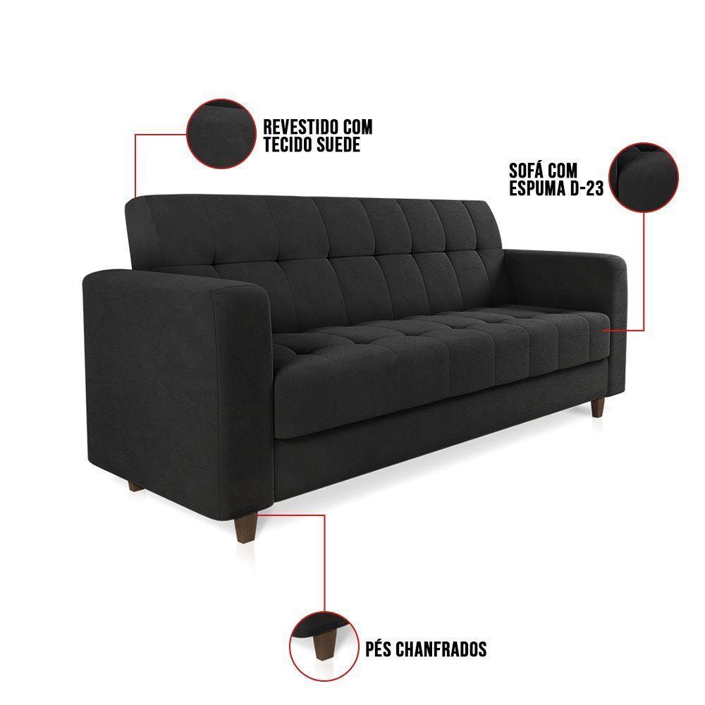 Sofá 03 Lugares Arezzo Suede Preto Pés Chanfrado Tabaco - D'rossi - 4