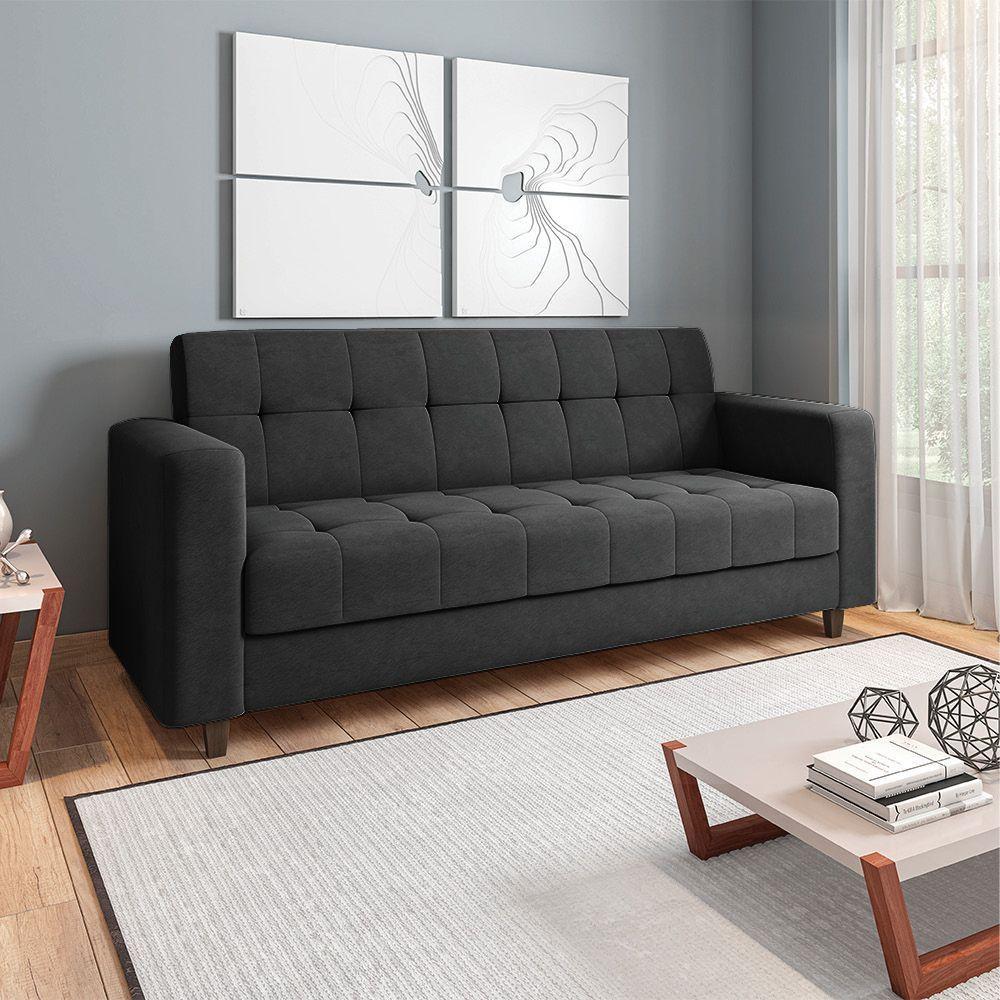 Sofá 03 Lugares Arezzo Suede Preto Pés Chanfrado Tabaco - D'rossi - 8