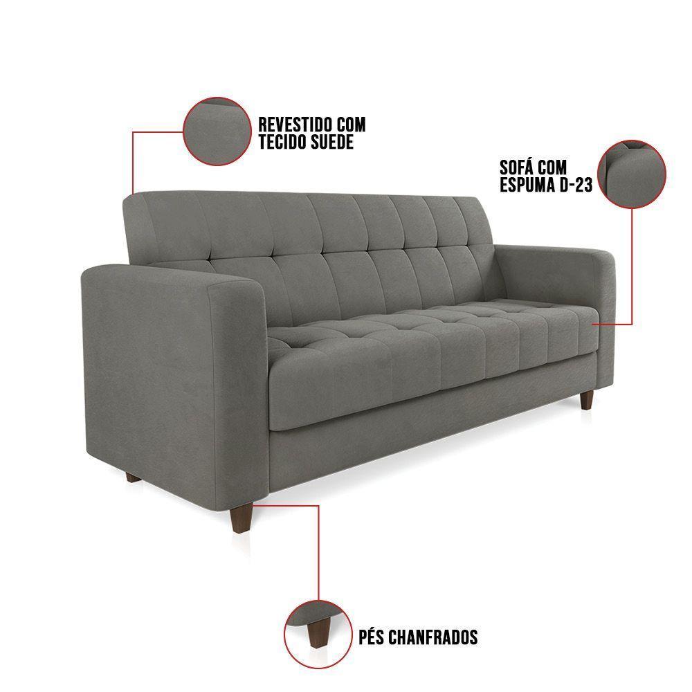 Sofá 03 Lugares Arezzo Suede Grafite Pés Chanfrado Marrom - D'rossi - 4