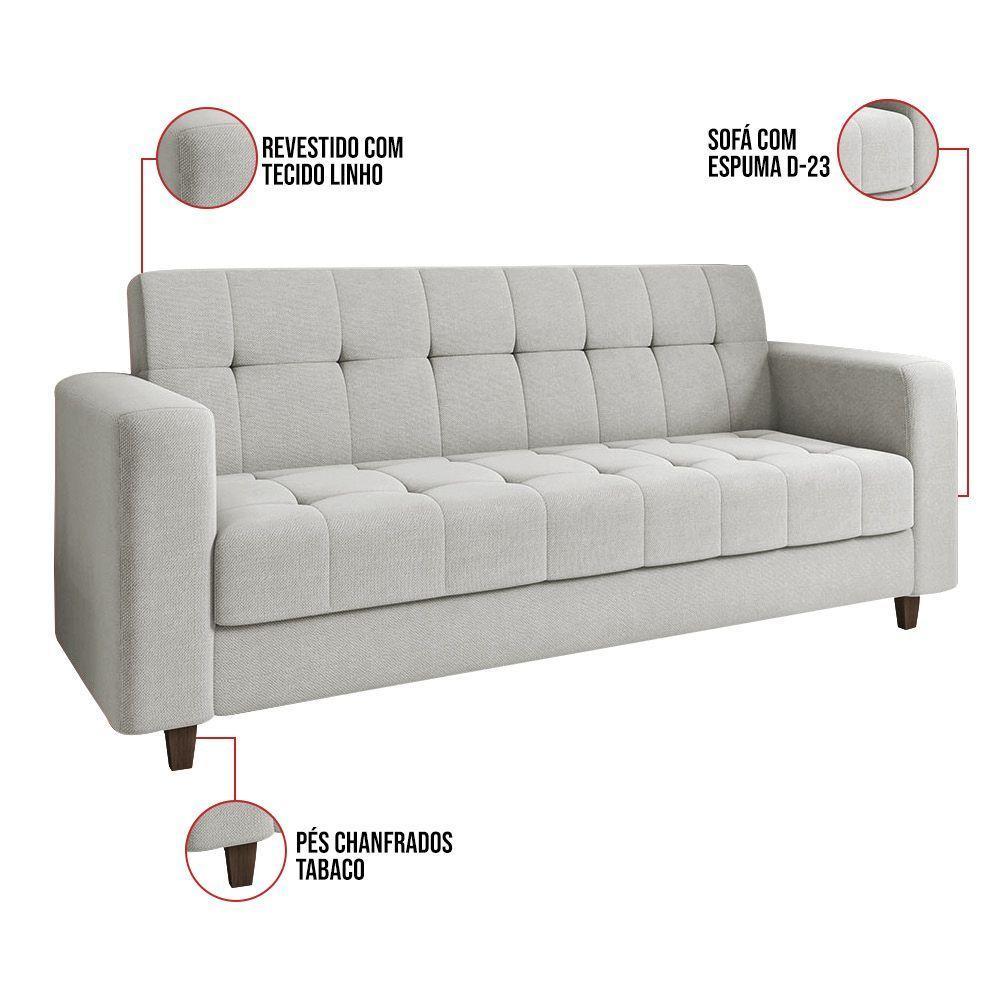 Sofá 03 Lugares Arezzo Linho Pés Chanfrado Tabaco - D'rossi Cor A05 Cinza - 3