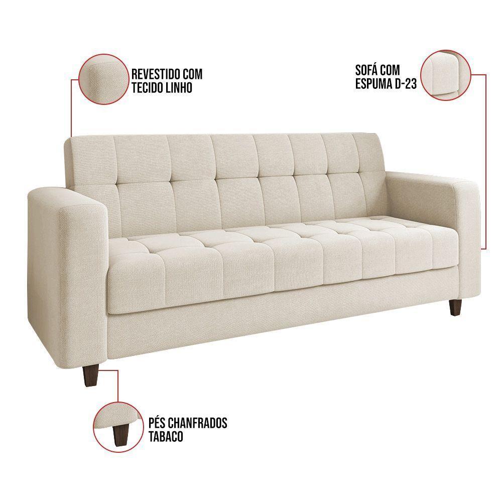 Sofá 03 Lugares Arezzo Linho Pés Chanfrado Marrom - D'rossi Cor A19 Bege - 3