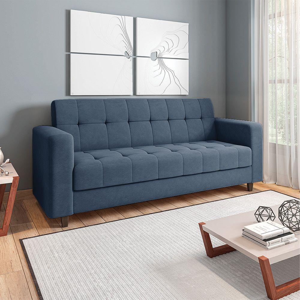 Sofá 03 Lugares Arezzo Suede Azul Marinho Pés Chanfrado Marrom - D'rossi - 3