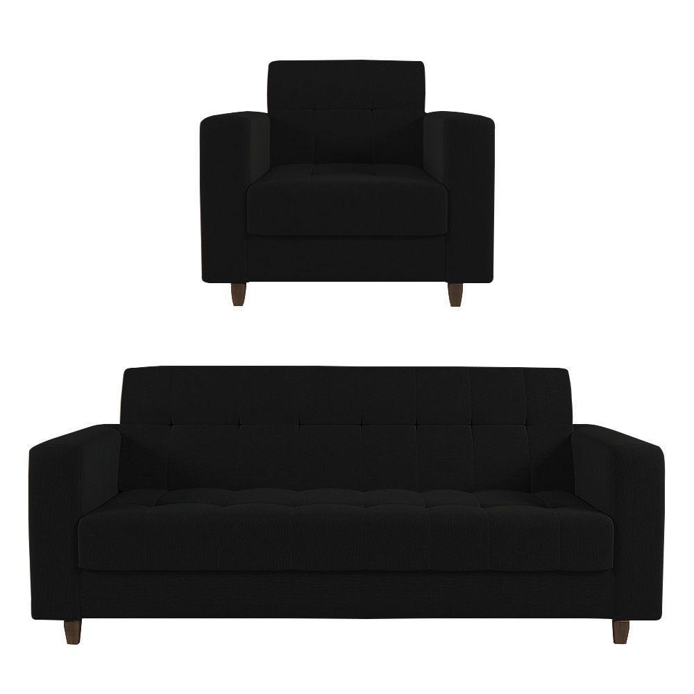 Kit 01 Sofá 03 Lugares E 01 Poltrona Arezzo Linho Preto A79 Pés Chanfrado Tabaco - D'rossi - 1