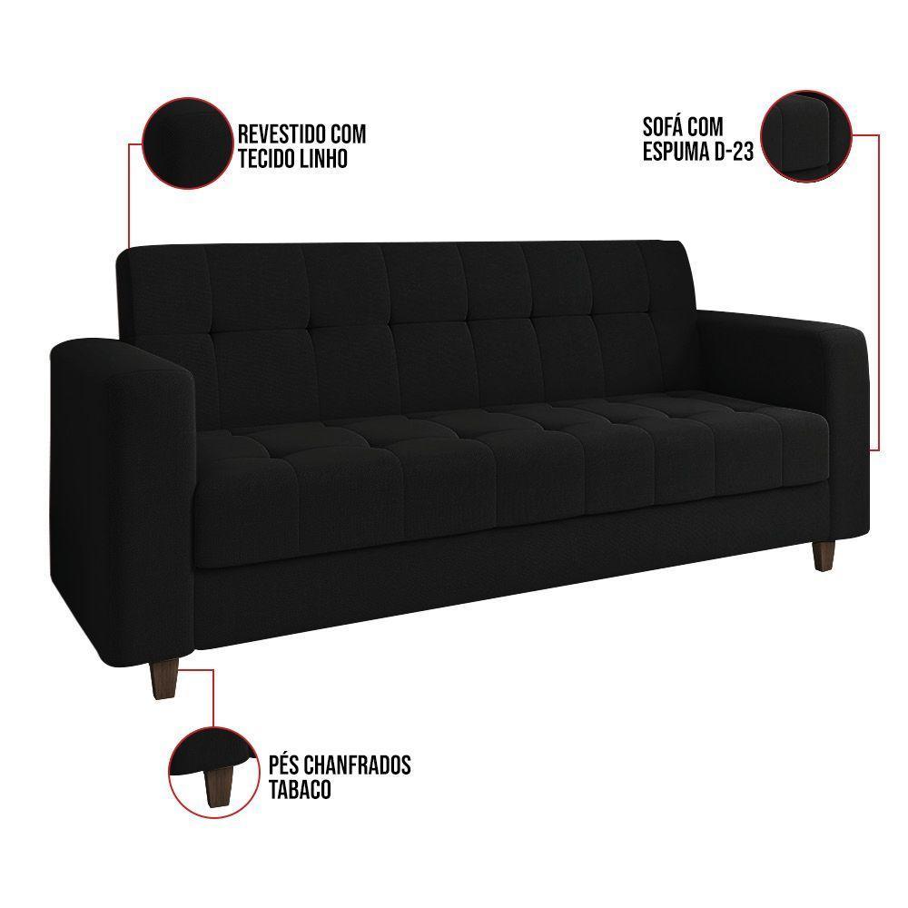Kit 01 Sofá 03 Lugares E 01 Poltrona Arezzo Linho Preto A79 Pés Chanfrado Tabaco - D'rossi - 6