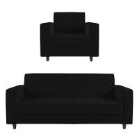 Kit 01 Sofá 03 Lugares E 01 Poltrona Arezzo Linho Preto A79 Pés Chanfrado Tabaco - D'rossi - 2