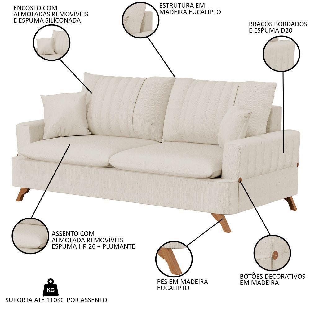Sofá 200Cm 3 Lugares Com Almofadas Pés Curvos Veras Linho D05 Cru - Mpozenato - 6
