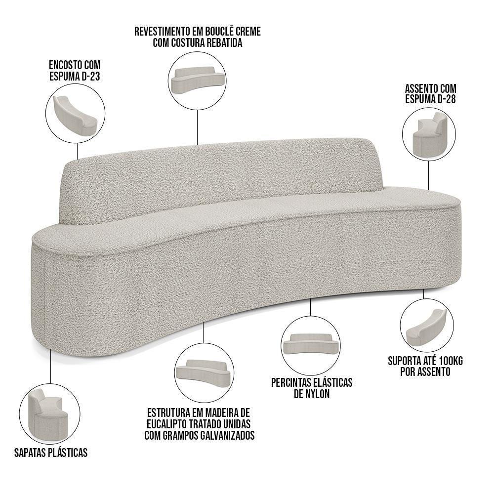 Sofá 3 Lugares Curvo Sala De Estar Living Cancún D02 Bouclê Creme 210 Cm B-54 - 8