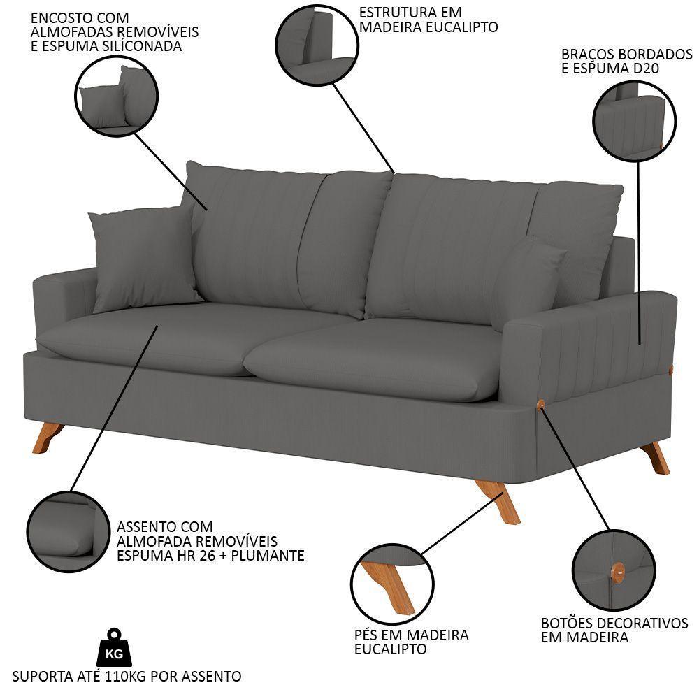 Sofá 200Cm 3 Lugares Com Almofadas Pés Curvos Veras Suede D05 Cinza - Mpozenato - 6