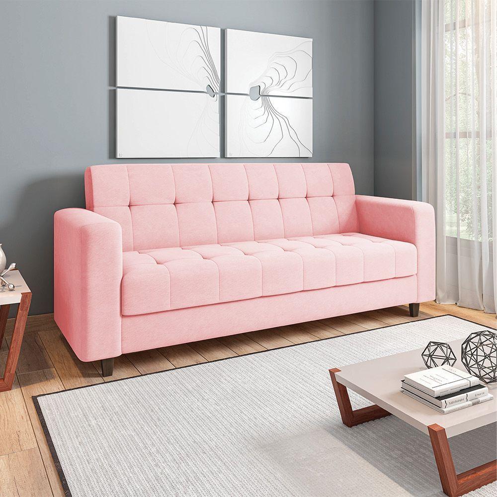 Sofá 03 Lugares Arezzo Suede Rosa Bebê Pés Chanfrado Tabaco - D'rossi - 8