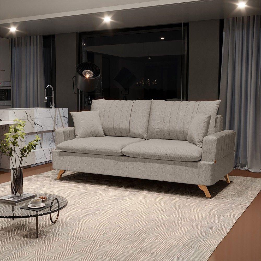 Sofá 200Cm 3 Lugares Com Almofadas Pés Curvos Veras Linho D05 Bege - Mpozenato - 9