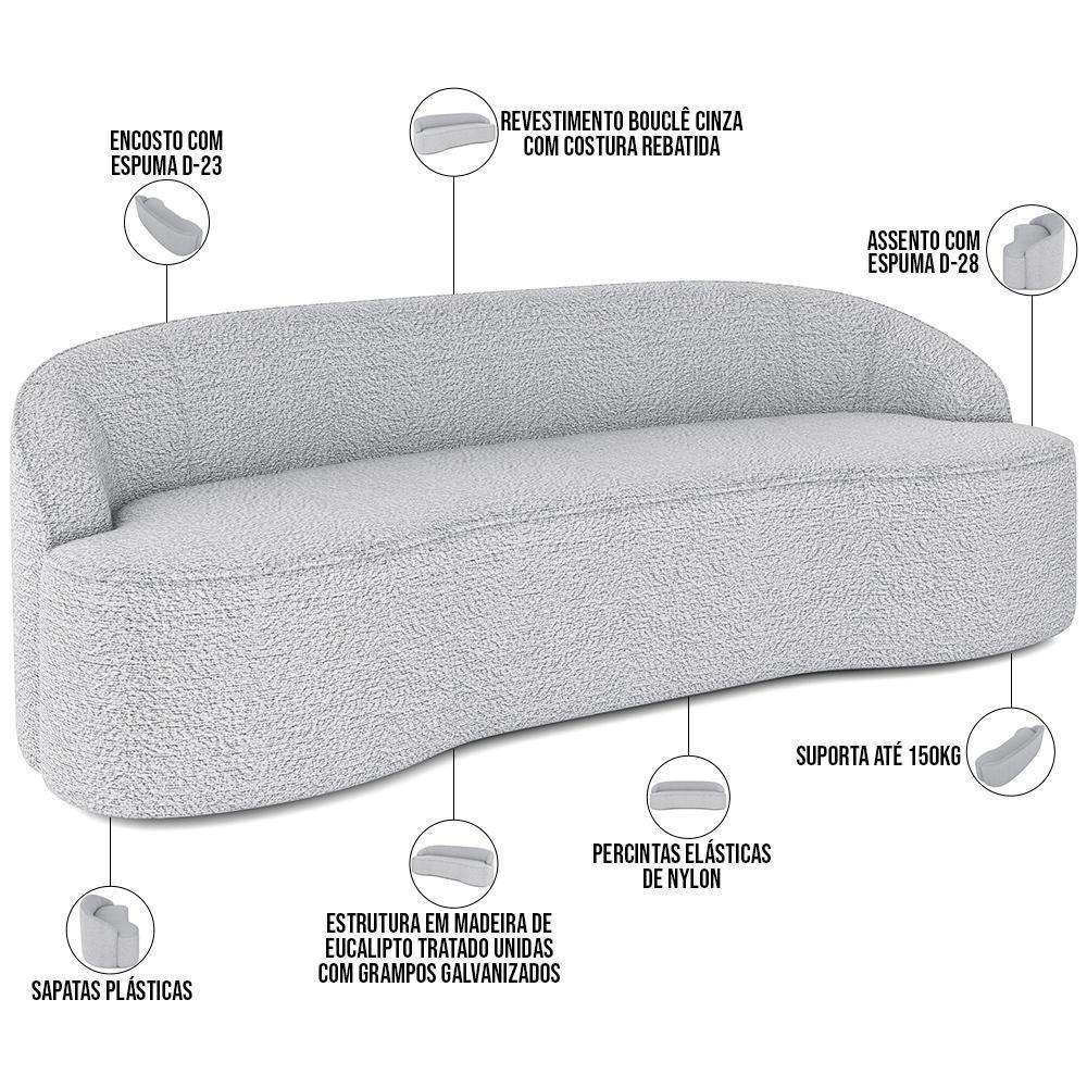 Sofá 3 Lugares Curvo Sala De Estar Living Lótus D02 Bouclê Cinza 180 Cm B-56 - 5