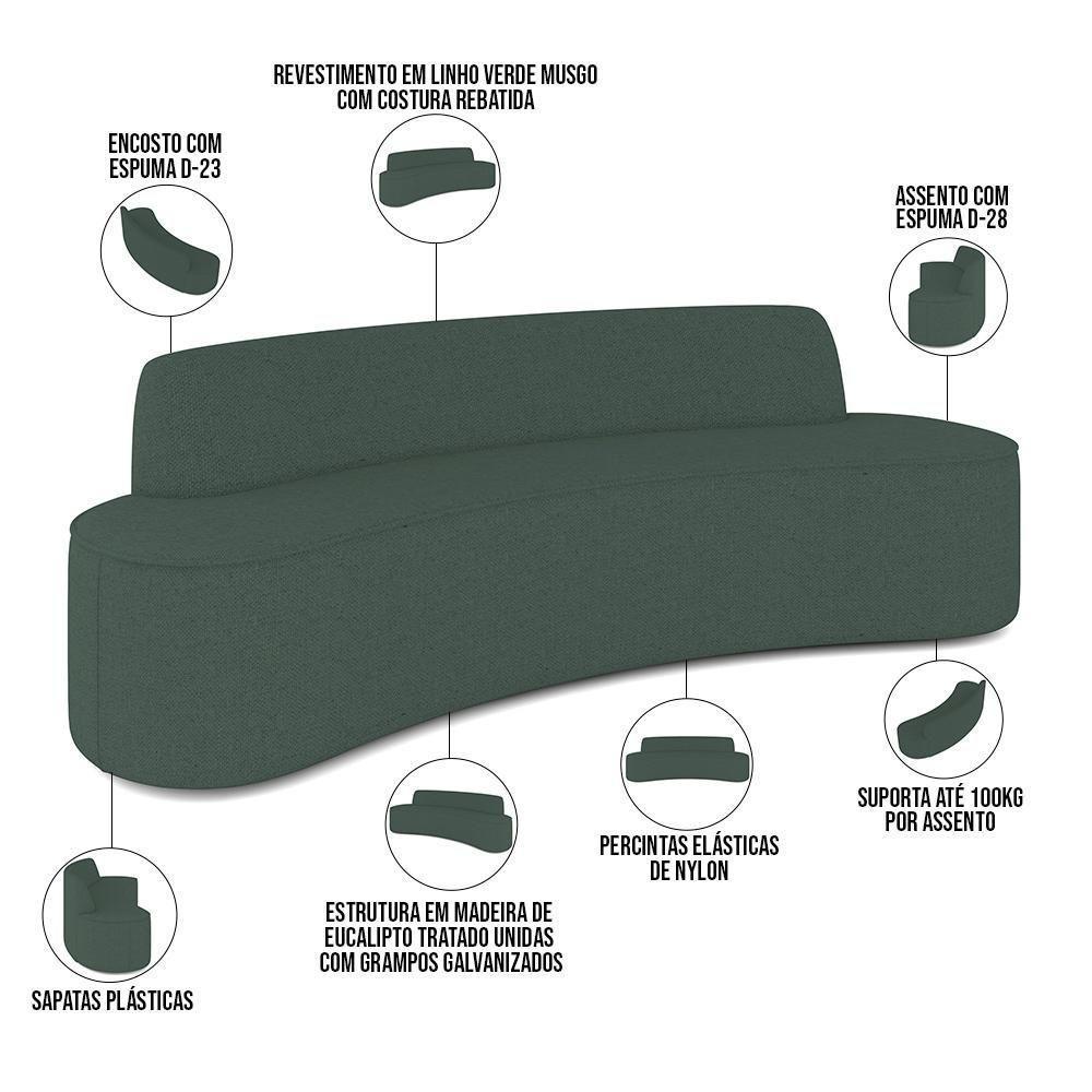 Sofá 3 Lugares Curvo Sala De Estar Living Cancún D02 Linho Verde Musgo 180 Cm C-117 - 2