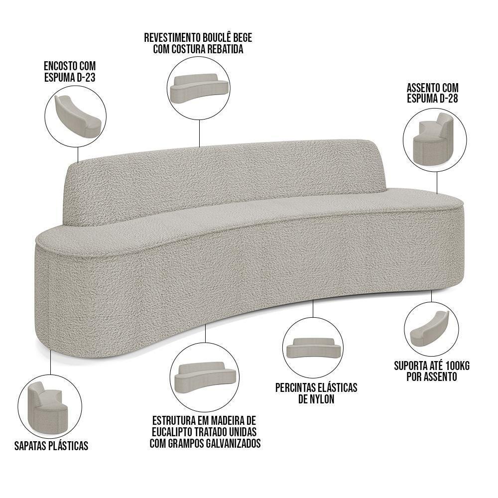 Sofá 3 Lugares Curvo Sala De Estar Living Cancún D02 Bouclê Bege 210 Cm B-62 - 7